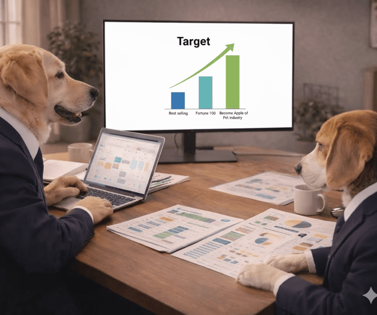 Two dogs in business suits reviewing a growth chart on a computer monitor in a modern office.