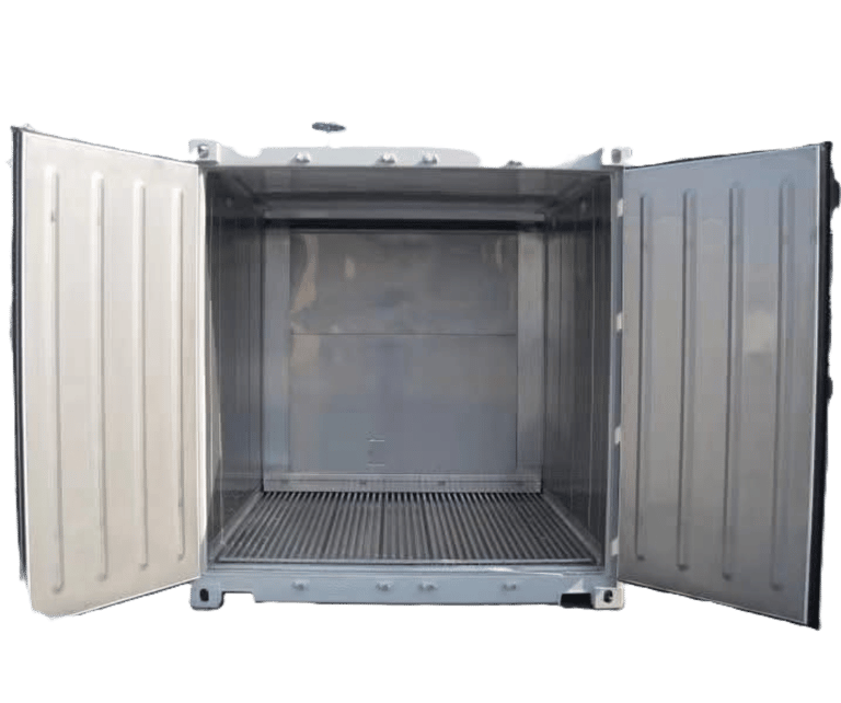Inside view of an empty refrigerated shipping container with open doors and T-bar flooring.
