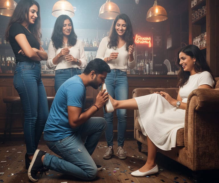 a group of indian college girl in pub one boy put their nose on one girl shoes