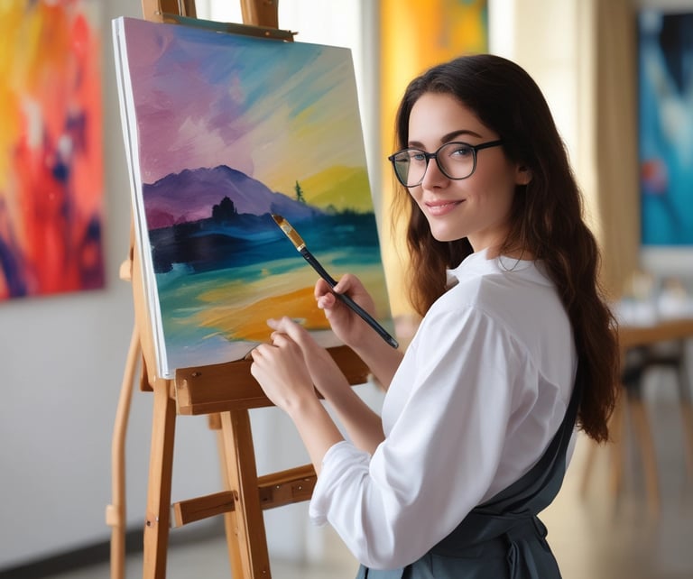 A person with an apron stands in a sunlit studio by a large window, working on a blank canvas on an easel. The floor is wooden, and there are tablets with colorful digital art resting on a nearby table. The walls are white and exposed brick.