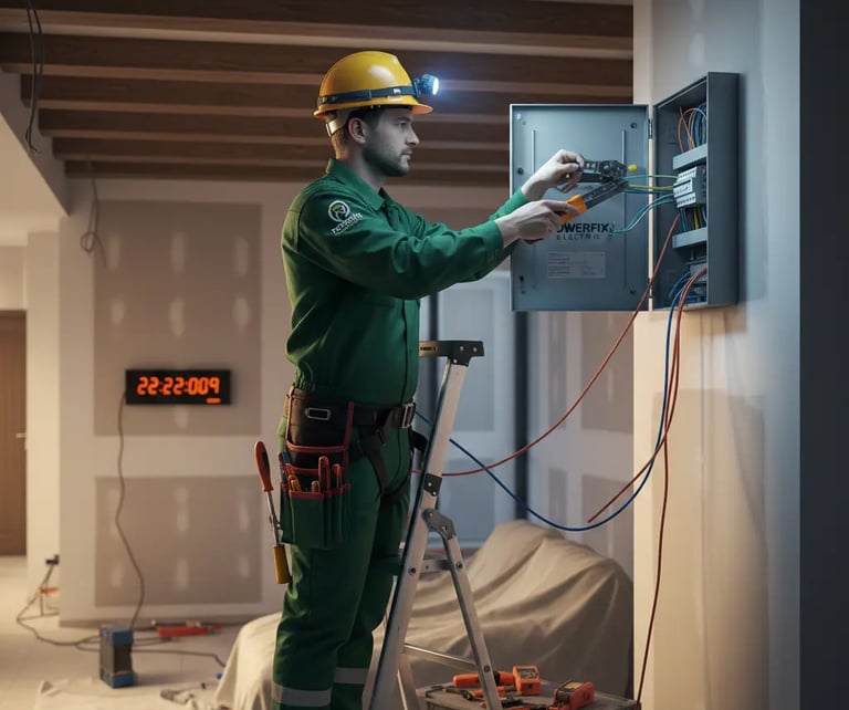 electrician acocks green working on consumer unit