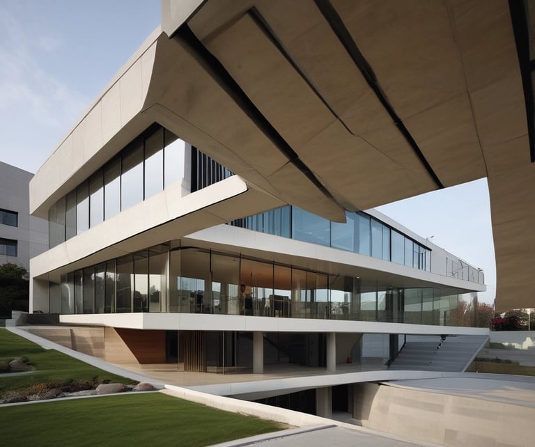 a concrete building with a wooden door and balcony