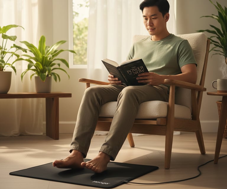 Man relaxing with a book at home with a Earthing Universal Mat under his feet.