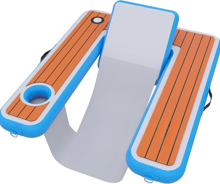 Blue inflatable floating pool chair with teak wood pattern armrests and cup holders.