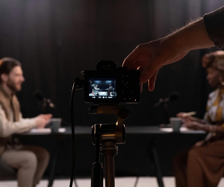 video podcast interview studiowith camera in foreground