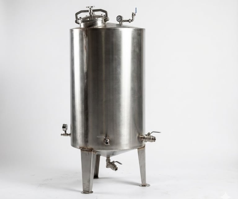 Industrial stainless steel storage tank with pressure gauge and valves for chemical or food processing.