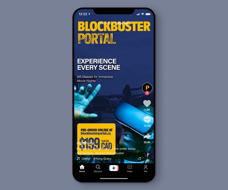 TikTok mockup featuring a blue-tinted man wearing AR glasses.