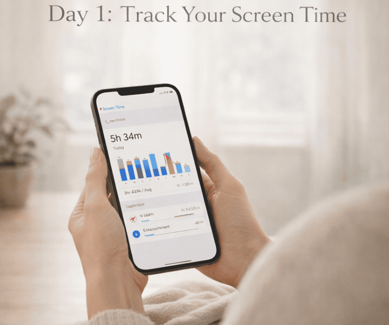 Person holding a smartphone displaying screen time tracking data and daily usage statistics.