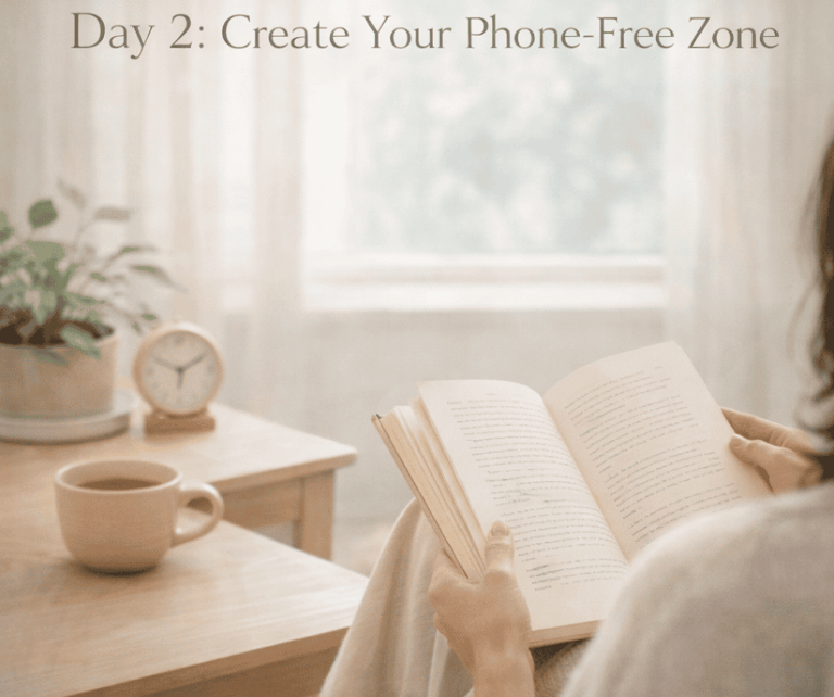 A person reading a book in a cozy phone-free zone with a cup of coffee and morning light.