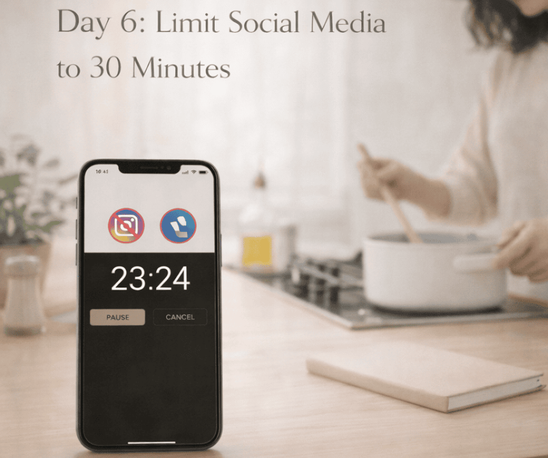 Smartphone showing a 30-minute social media time limit app on a kitchen counter.