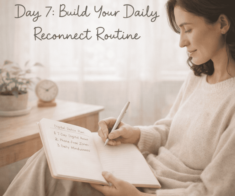 Woman writing a digital detox plan in a journal to build a daily reconnect routine for wellness.