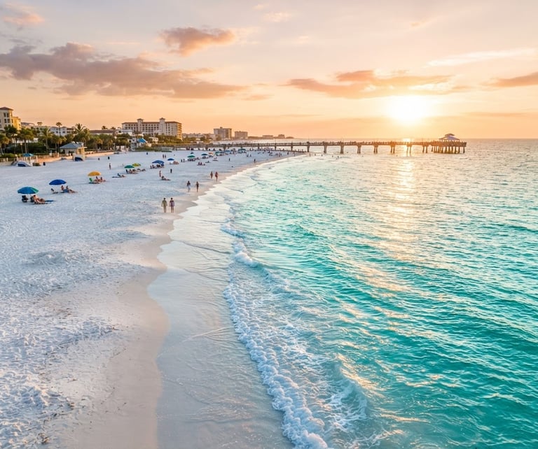 Vibrant coastal photography of Clearwater Beach at golden hour, wide-angle lens, turquoise water meeting pristine white sand, editorial style