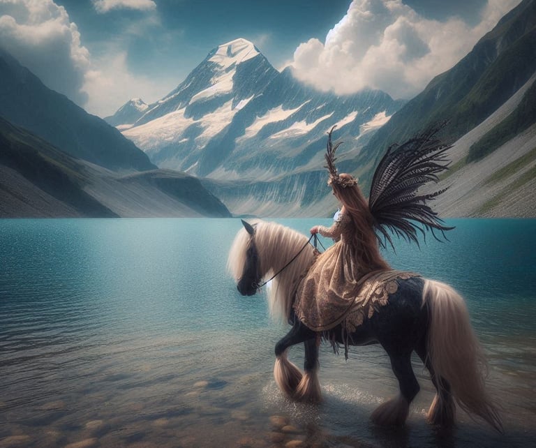 a imagination of fairy riding horse at lake saif ul malook