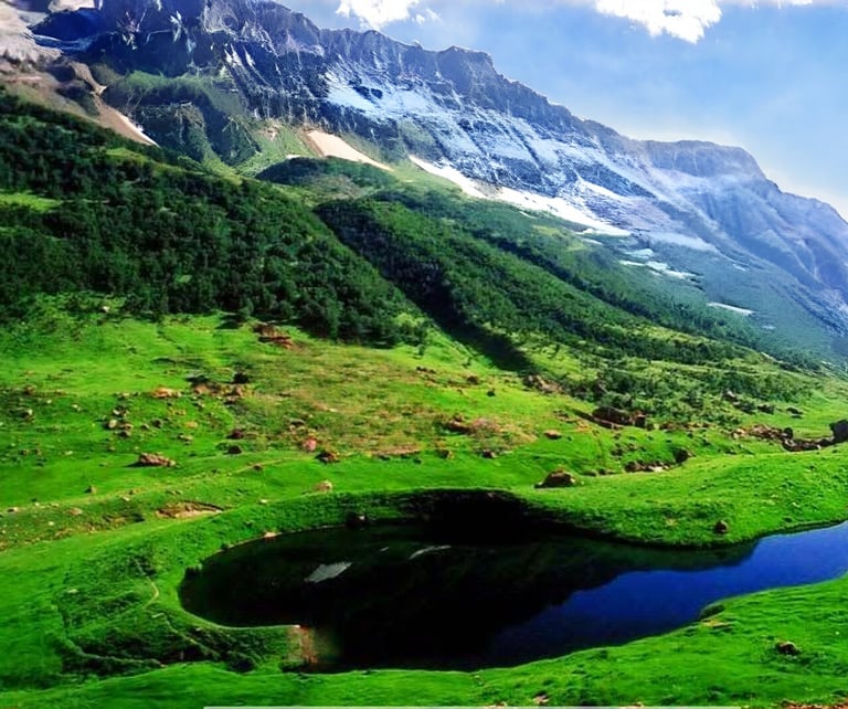 a mountain scene with Ansoo Lake and a mountain in the background