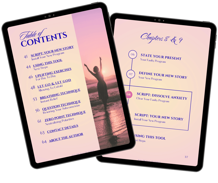 2 pages of the ebook "Pull The Plug On Anxiety" displayed in tablets slightly tilted