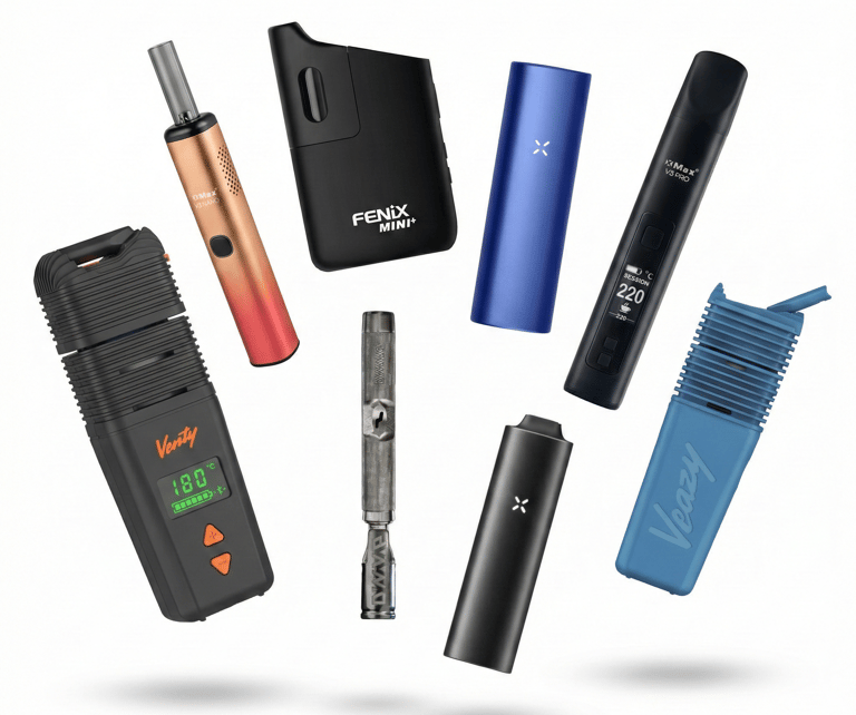 A collection of portable dry herb vaporizers including Pax, Venty, and Fenix models on a white background.