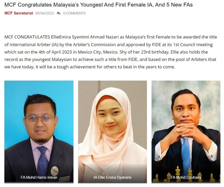 Malaysian Chess Federation congratulates Malaysia's First Female International Arbiter Ellie Emira