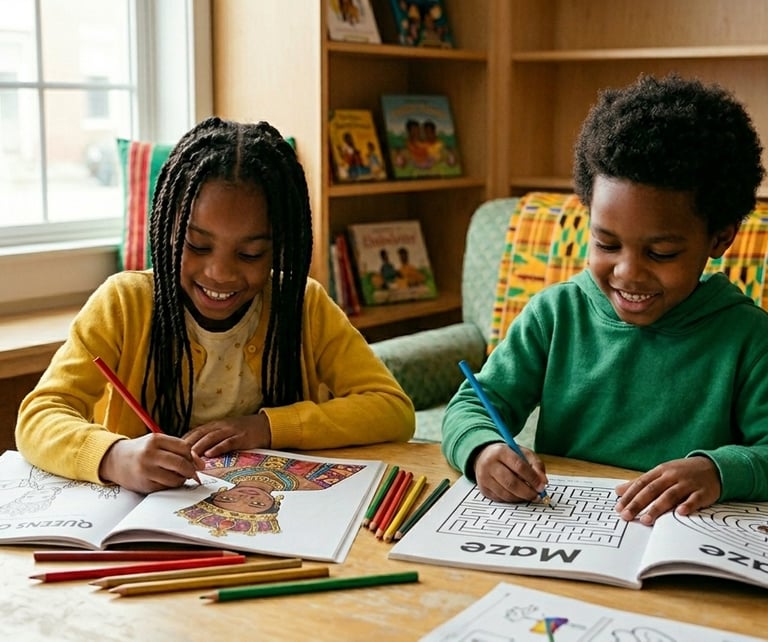 Black children joyfully coloring activity books