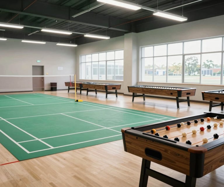 Daylight interior photograph of the Paradise Green clubhouse showing badminton court and carrom tables in a bright hall, real use setting, no staging, documentation style