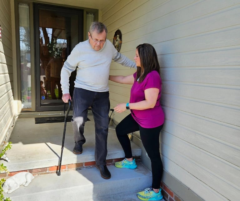 Physical therapy: stair training for a geriatric patient at home.