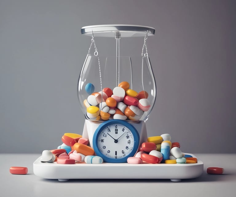 weighing scale with pills dropping into it 