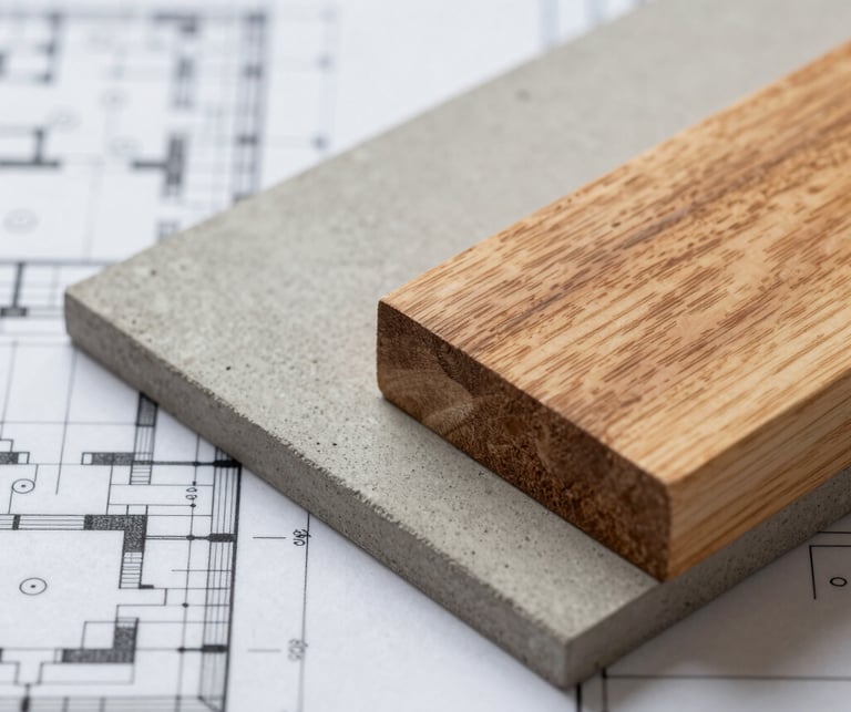 Extreme close-up of a technical architectural blueprint overlaid with a clean, raw concrete sample and a warm oak wood block, soft side lighting