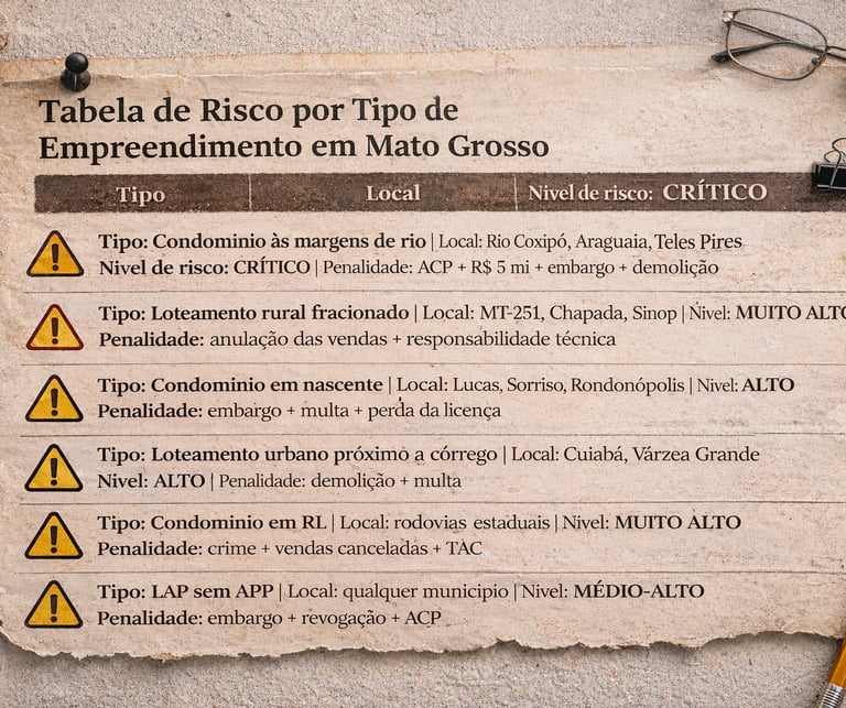 Representação visual dos níveis de risco e penalidades para empreendimentos em Mato Grosso relaciona