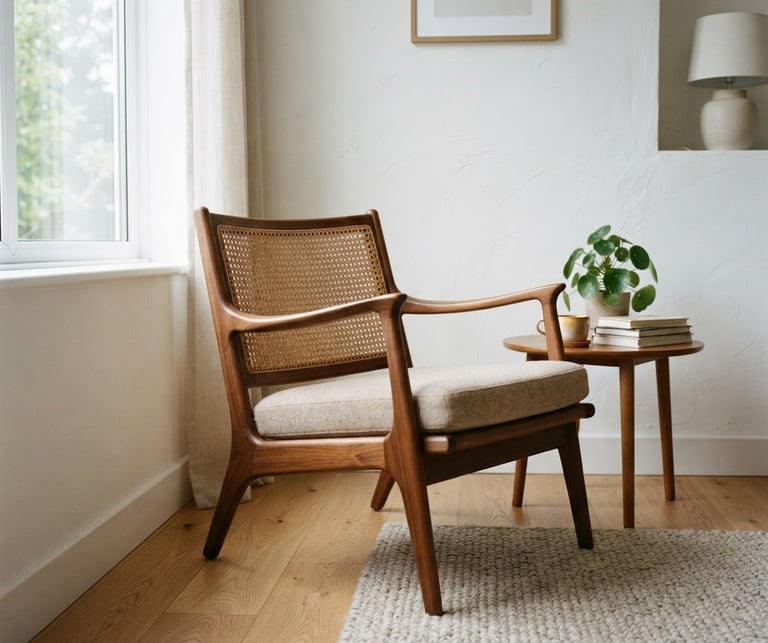 Clean modern living room corner, a mid-century wooden chair in soft natural daylight, minimalist aesthetic, 35mm photography