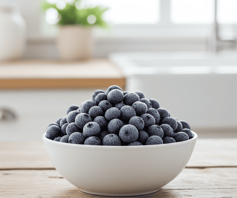 Un recipiente blanco lleno de arándanos congelados sobre una mesa de madera en una cocina luminosa.
