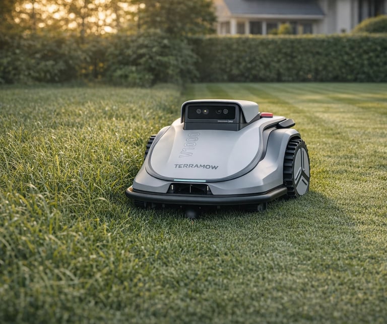 Robot de tuns gazon Terramow fără cablu perimetral tundând gazonul într-o grădină modernă