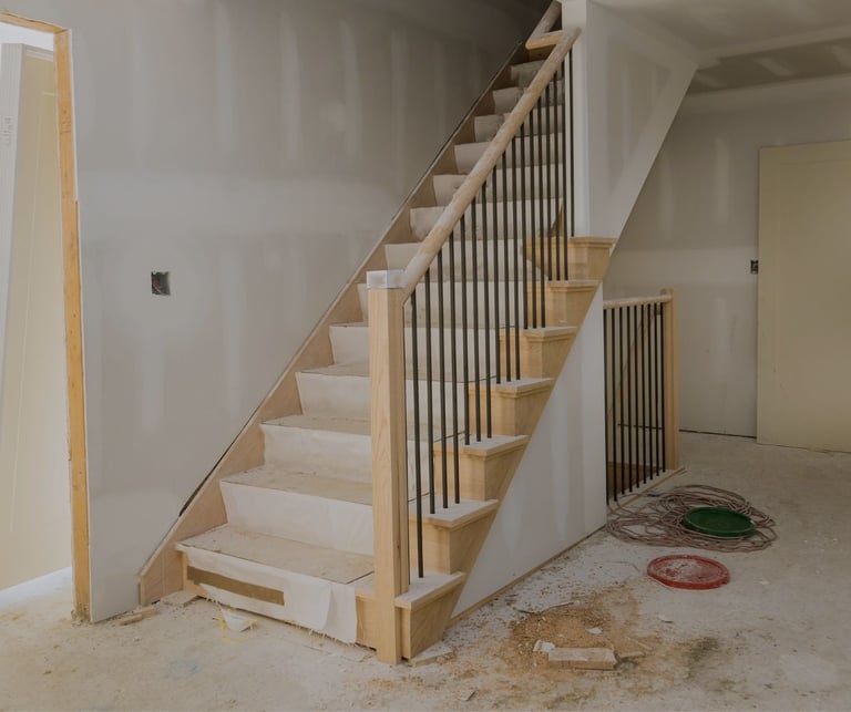 alt="Interior staircase surrounded by unfinished drywall and floor covering during home restoration"