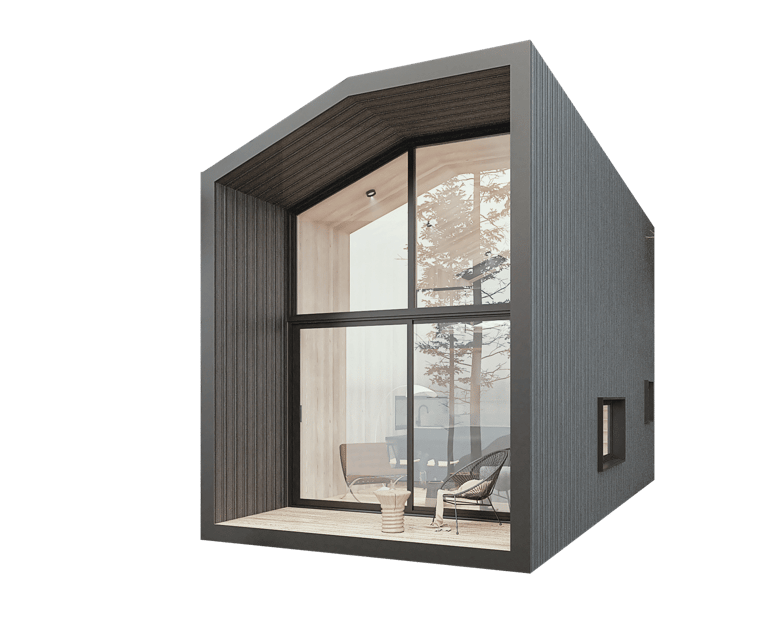 a small house with a large window and a couch