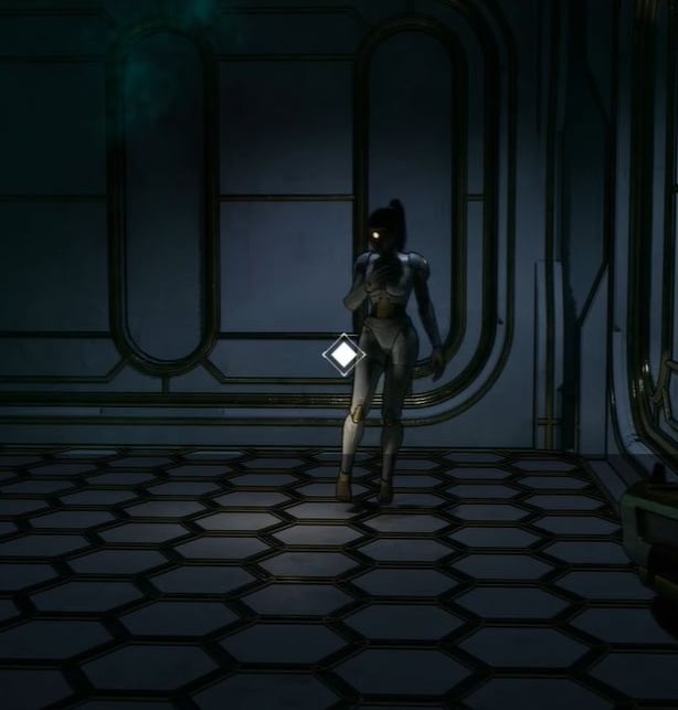Dim sci-fi room captured in Imperfection, indie FPS. At the center a 3D female character with a white uniform called Nerian