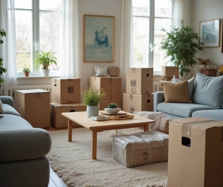 a living room with boxes of boxes of boxes on the floor packed by canada's most wanted movers