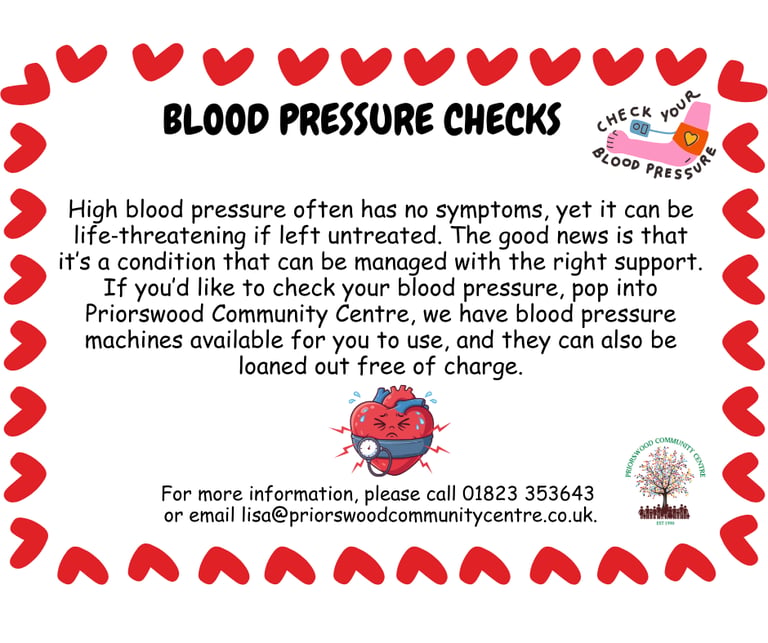 Information about free blood pressure checks at Priorswood Community Centre with contact details.