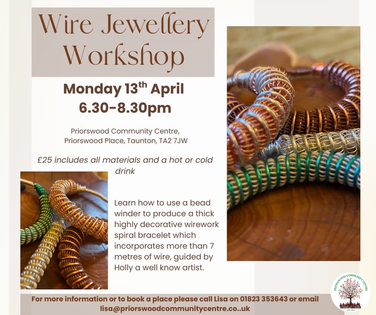Wire jewellery workshop poster featuring decorative spiral bracelets and event details in Taunton.