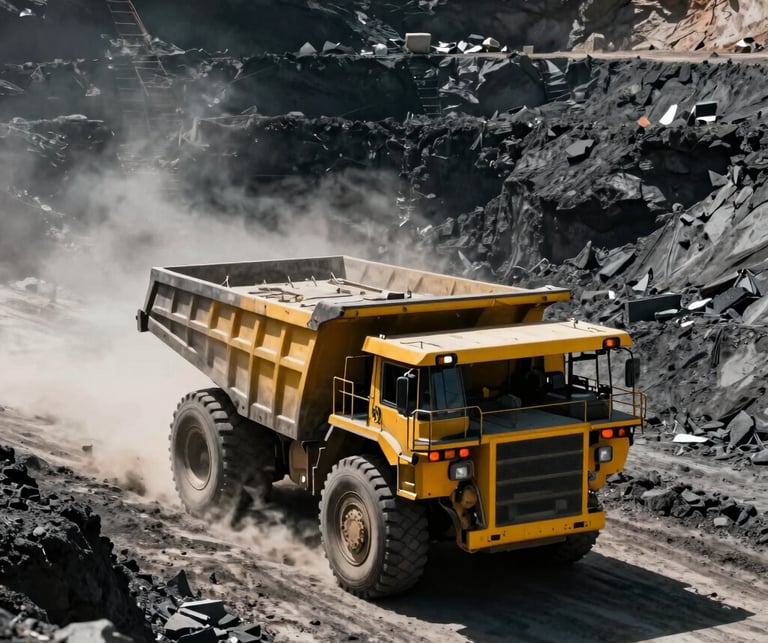 Wide environmental shot of heavy mining machinery, a massive yellow haul truck moving through an open-pit mine, harsh high-contrast Mexican sunlight, dust particles in the air, deep shadows, dramatic industrial photography, 35mm