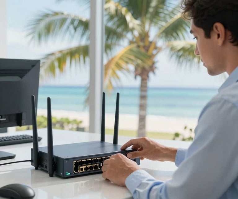A local IT specialist in a bright, modern Rarotonga office configuring a sleek network router, soft sunlight reflecting off glass windows, lush palm leaves visible outside.