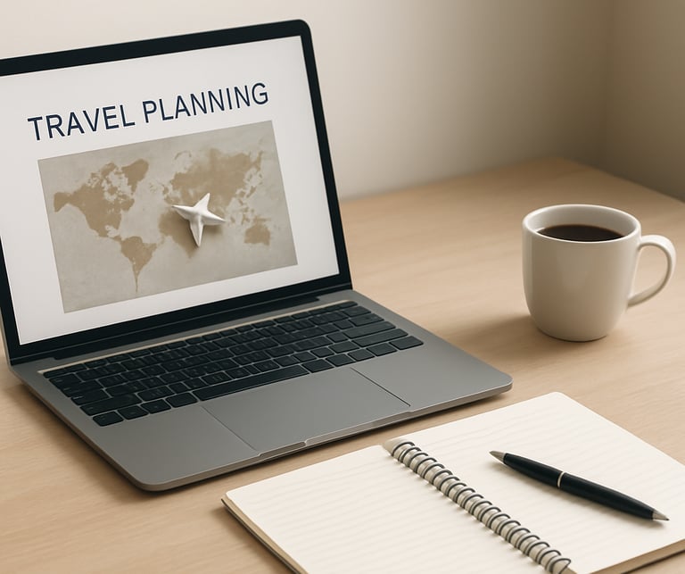 travel planning laptop workspace