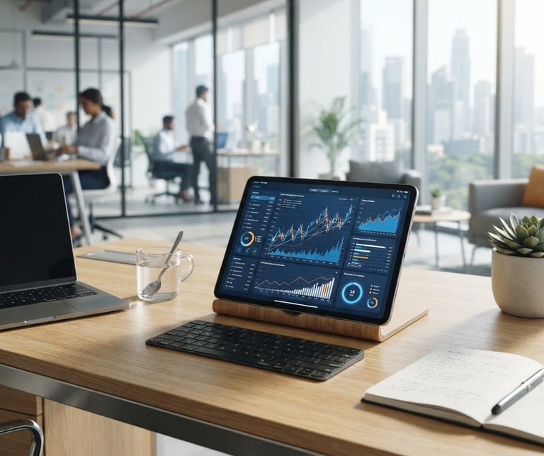 A bright, professional modern Indian corporate office desk with a tablet showing financial charts, clean architectural lines, natural daylight, 35mm