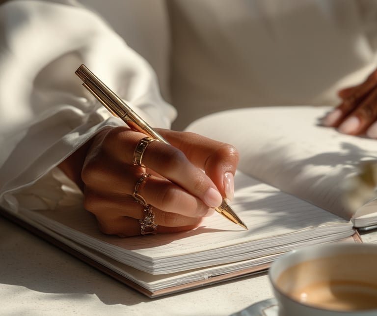 a woman's hand holding a pen and writing on a notebook