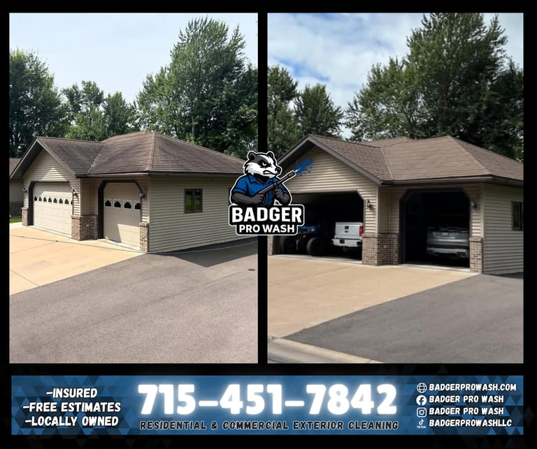 Before and after roof wash showing stain removal from shingles