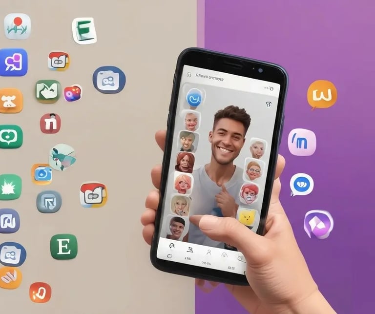 Uma mão segurando um smartphone usando um aplicativo de filtro facial, com ícones de redes sociais 