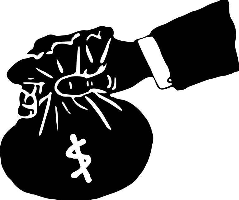 black and white illustration of hand holding a moneybag