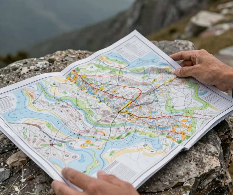 Close documentary framing: a guide's hands spread open a topographic map on a rough stone surface, mountain wind visible in the paper's edge, natural overcast light, no posed elements, texture of worn paper and weathered hands