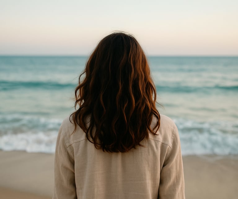 mujer mirando la playa, en busca do un objetivo