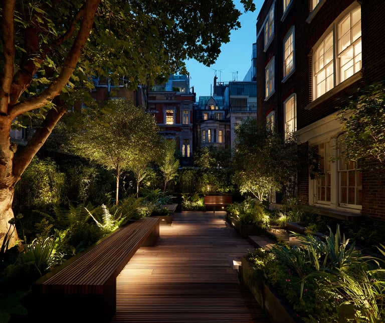 Illuminated luxury urban terrace with wooden decking and landscape lighting in a private London garden.