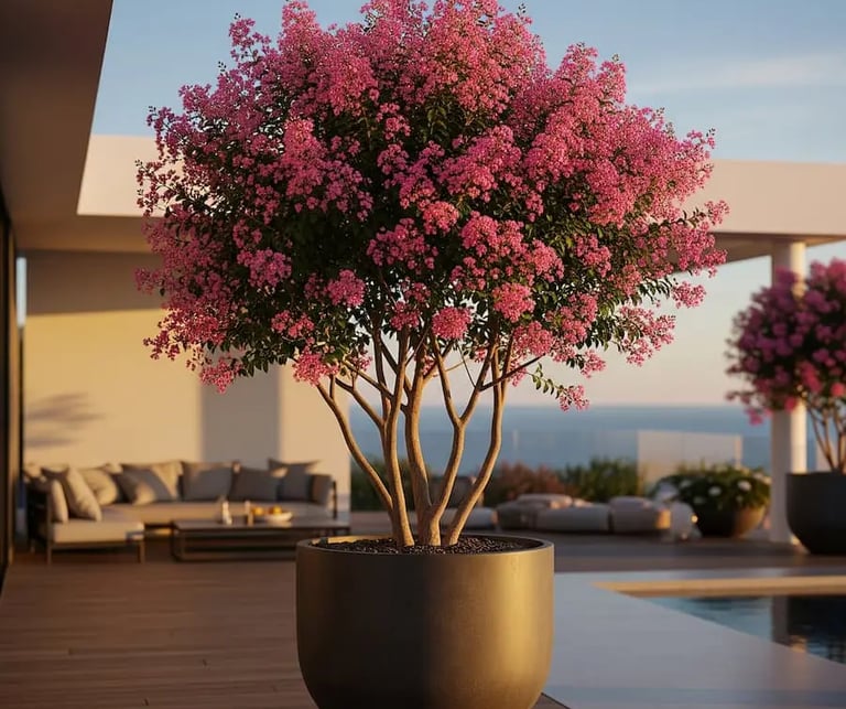 Una combinación ideal de esta lagerstroemia en un macetón de diseño moderno en porche chalet La Finca Pozuelo