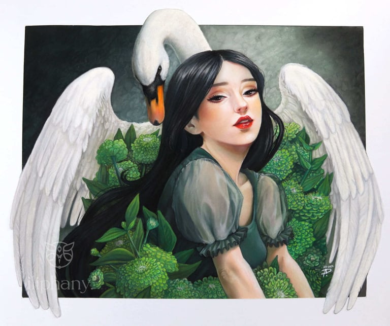 pastel painting depicting a woman sitting and a swan with opened wings behind her