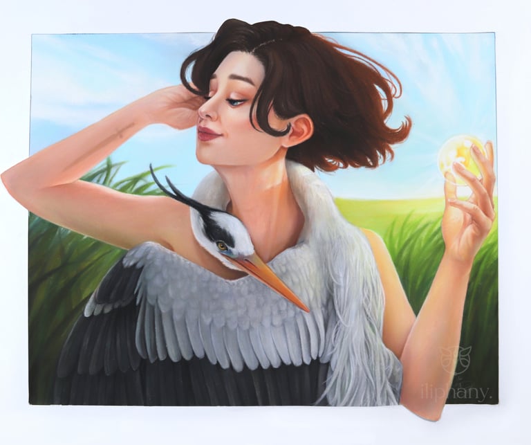 pastelpainting depicting a woman and a heron in a grass field